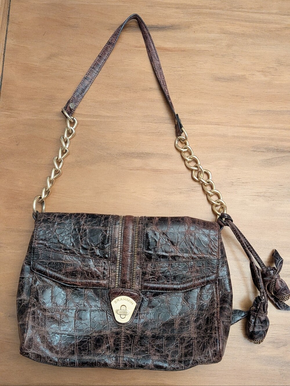 Brahmin Brown Croc-Embossed Leather Gold Chain Shoulder Bag Purse